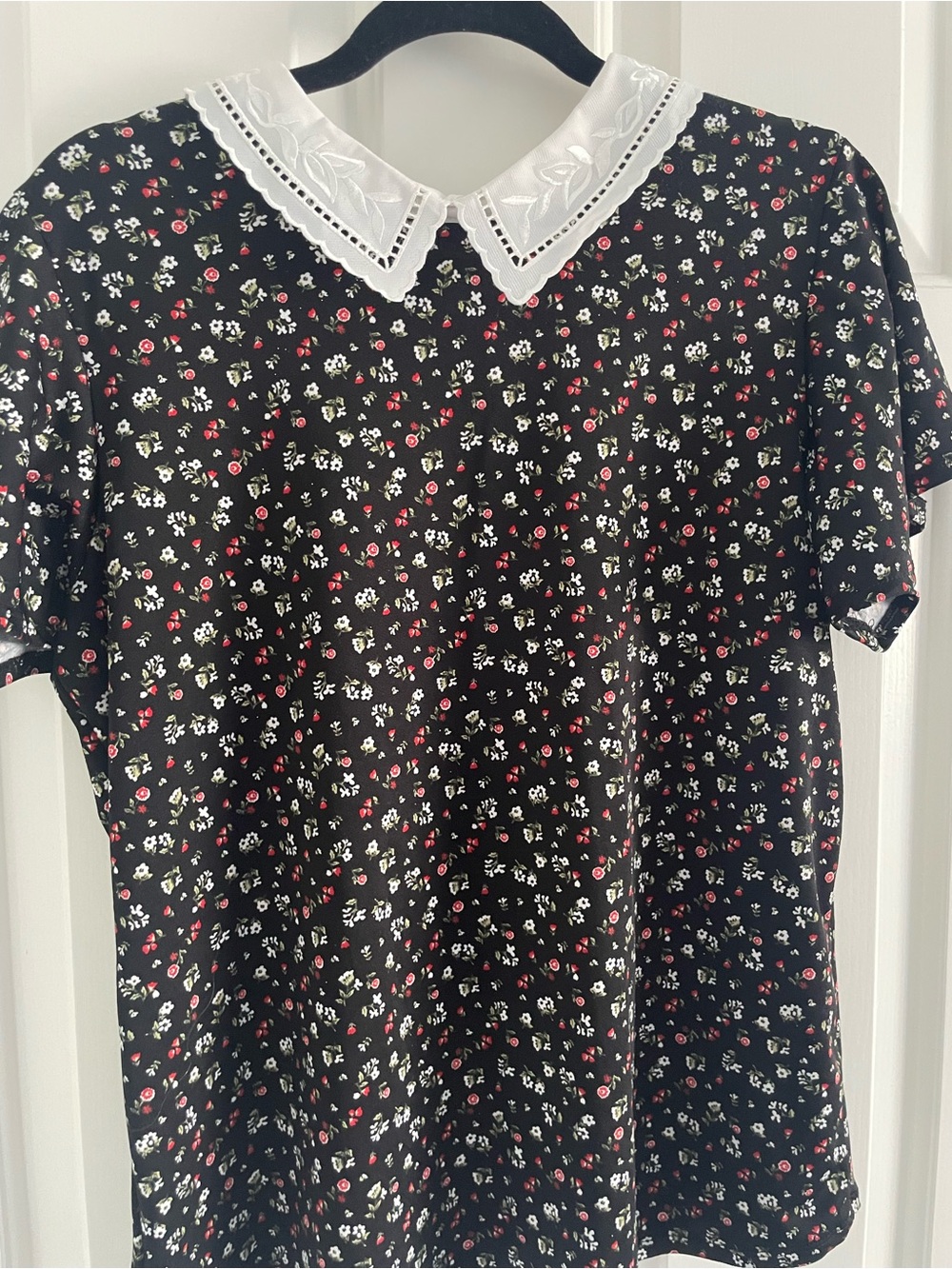 Faith and Joy Black Floral Top with White Collar